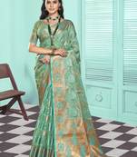 Sangam prints turquoise organza woven work festival saree