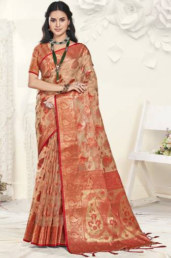 Sangam prints light brown organza woven work festival saree