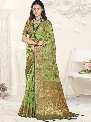 Sangam prints light green organza woven work festival saree 1