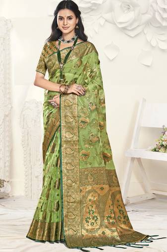 Sangam prints light green organza woven work festival saree