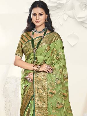 Sangam prints light green organza woven work festival saree 2