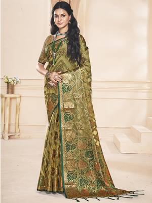 Sangam prints olive green organza woven work festival saree 1