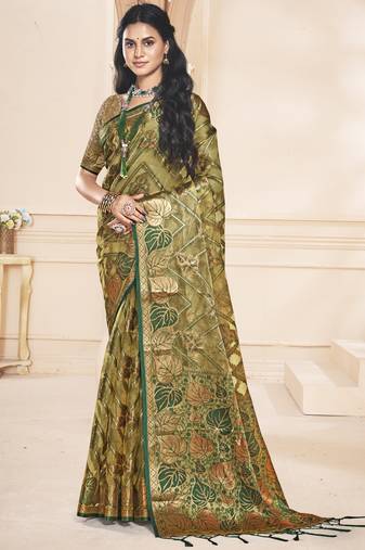 Sangam prints olive green organza woven work festival saree