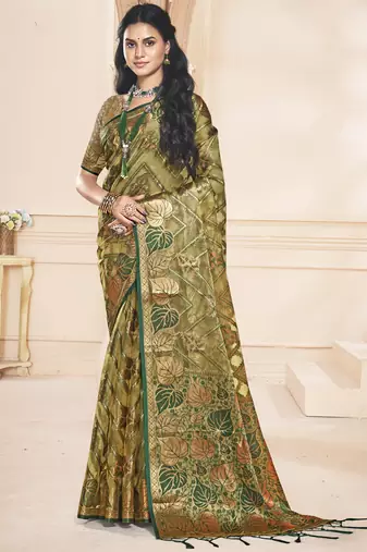 Sangam prints olive green organza woven work festival saree