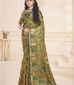Sangam prints olive green organza woven work festival saree
