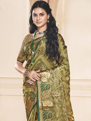 Sangam prints olive green organza woven work festival saree 2