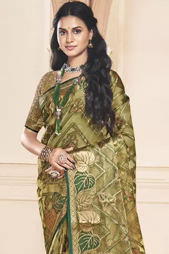 Sangam prints olive green organza woven work festival saree