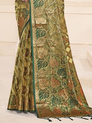 Sangam prints olive green organza woven work festival saree 3