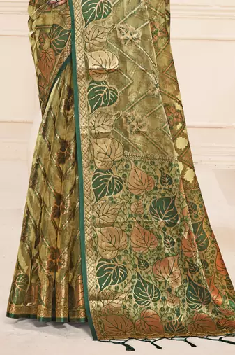 Sangam prints olive green organza woven work festival saree