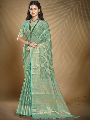 Sangam prints turquoise organza woven work festival saree 1