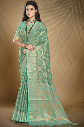 Sangam prints turquoise organza woven work festival saree