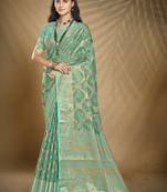 Sangam prints turquoise organza woven work festival saree