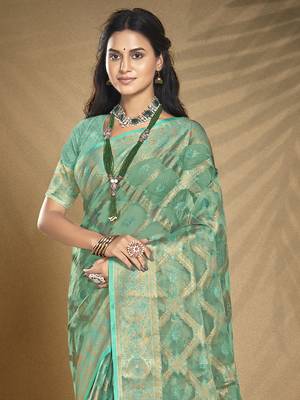 Sangam prints turquoise organza woven work festival saree 2