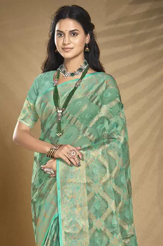 Sangam prints turquoise organza woven work festival saree