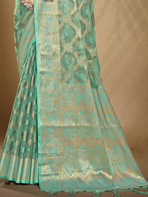 Sangam prints turquoise organza woven work festival saree 3