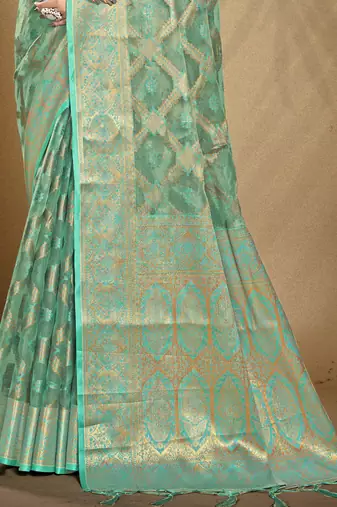 Sangam prints turquoise organza woven work festival saree