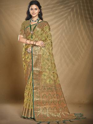 Sangam prints olive green organza woven work festival saree 1