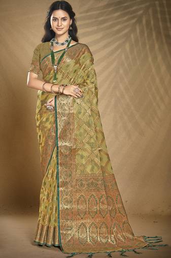 Sangam prints olive green organza woven work festival saree