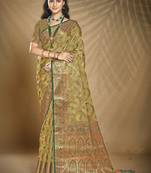Sangam prints olive green organza woven work festival saree