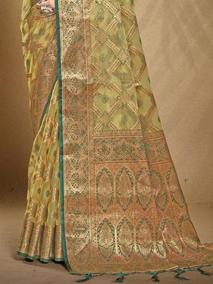 Sangam prints olive green organza woven work festival saree 3