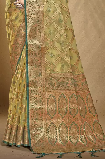 Sangam prints olive green organza woven work festival saree