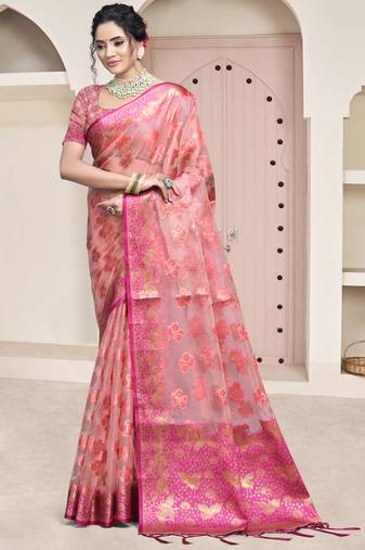 Sangam prints pink organza woven work festival saree