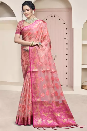 Sangam prints pink organza woven work festival saree