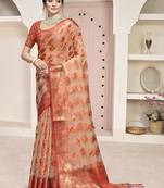 Sangam prints orange organza woven work festival saree