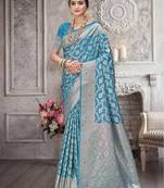 Sangam prints sky blue silk woven work festival saree