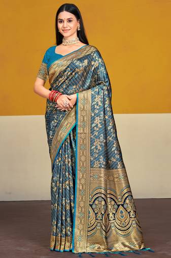 Sangam prints blue satin silk woven work festival saree