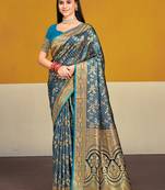Sangam prints blue satin silk woven work festival saree