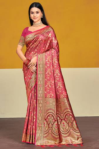 Sangam prints pink satin silk woven work festival saree