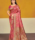 Sangam prints pink satin silk woven work festival saree