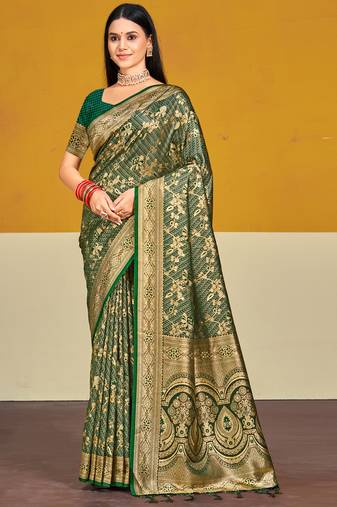 Sangam prints bottle green satin silk woven work festival saree