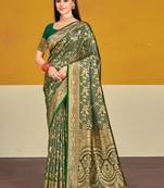 Sangam prints bottle green satin silk woven work festival saree