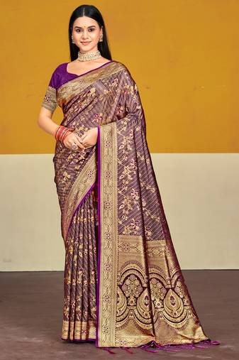 Sangam prints wine satin silk woven work festival saree