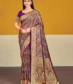 Sangam prints wine satin silk woven work festival saree