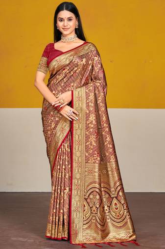 Sangam prints maroon satin silk woven work festival saree