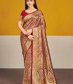 Sangam prints maroon satin silk woven work festival saree