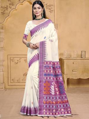 Sangam prints cream cotton woven work festival saree 1