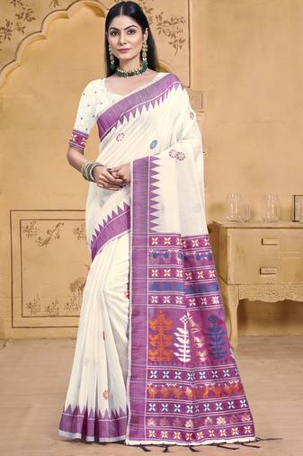 Sangam prints cream cotton woven work festival saree