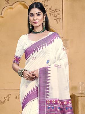 Sangam prints cream cotton woven work festival saree 2