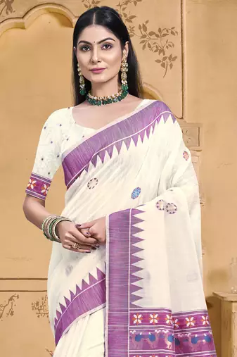 Sangam prints cream cotton woven work festival saree