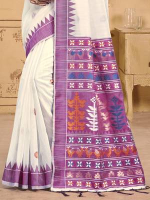 Sangam prints cream cotton woven work festival saree 3
