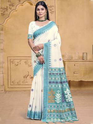 Sangam prints cream cotton woven work festival saree 1