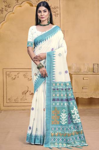 Sangam prints cream cotton woven work festival saree