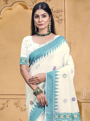 Sangam prints cream cotton woven work festival saree 2