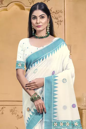Sangam prints cream cotton woven work festival saree