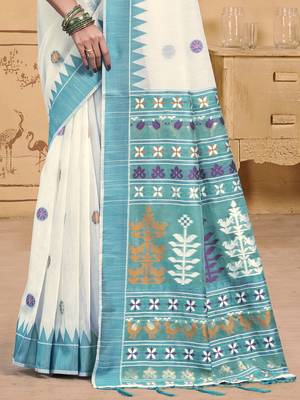 Sangam prints cream cotton woven work festival saree 3