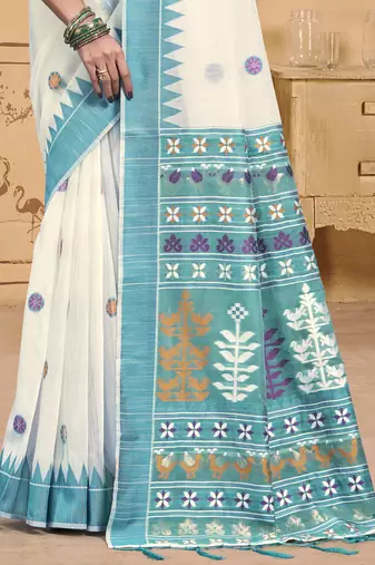Sangam prints cream cotton woven work festival saree